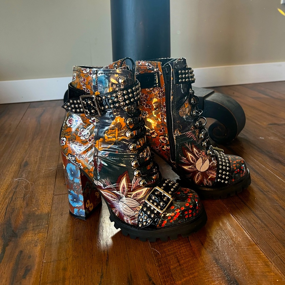 Shop Jeffrey Campbell Lilith Block Heel Bootie In a Floral Color.